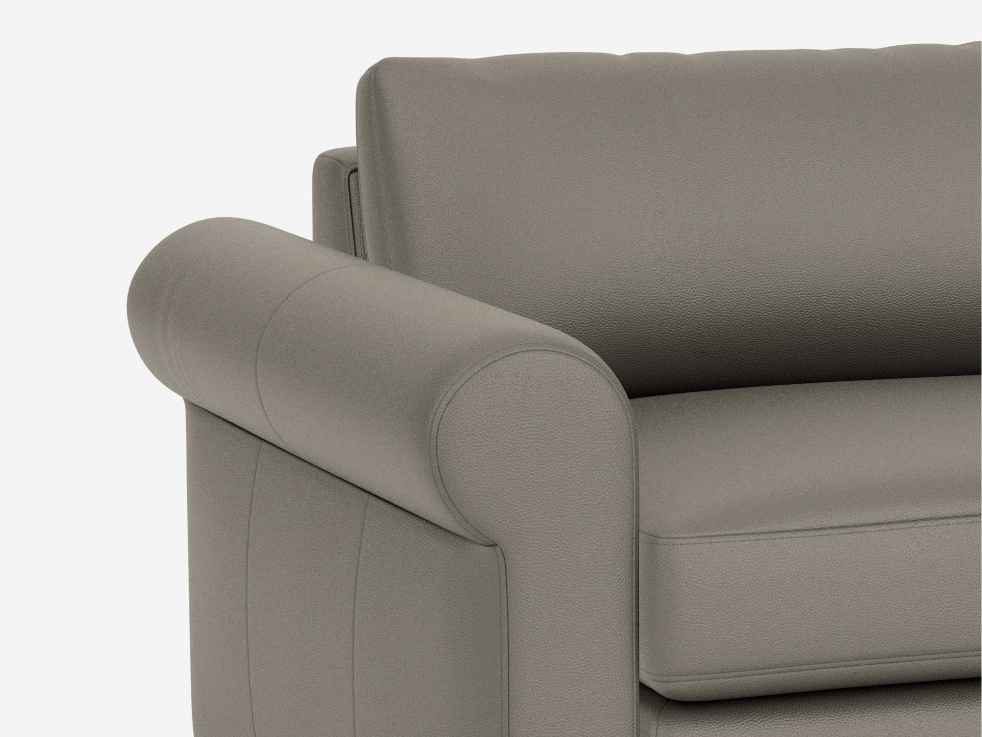 Grey leather wide armchair with roll arms detail view